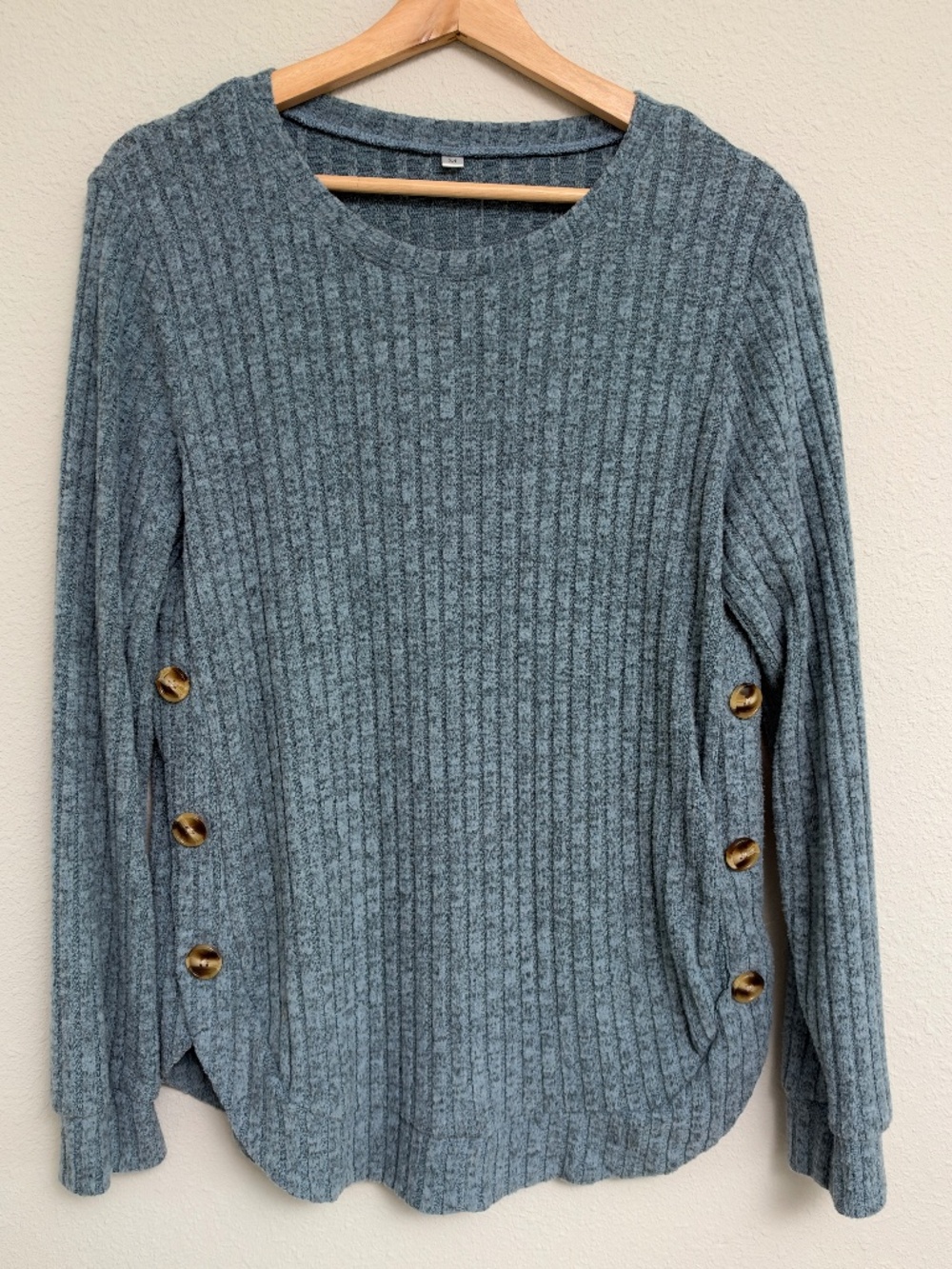 Blue Gray Ribbed Knit Sweater Side Button Detail Size Small